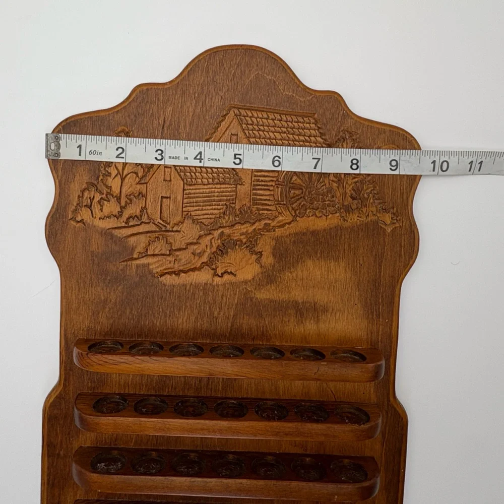 Vintage Wooden Thimble Rack Display with Carved Water Wheel Mill Design